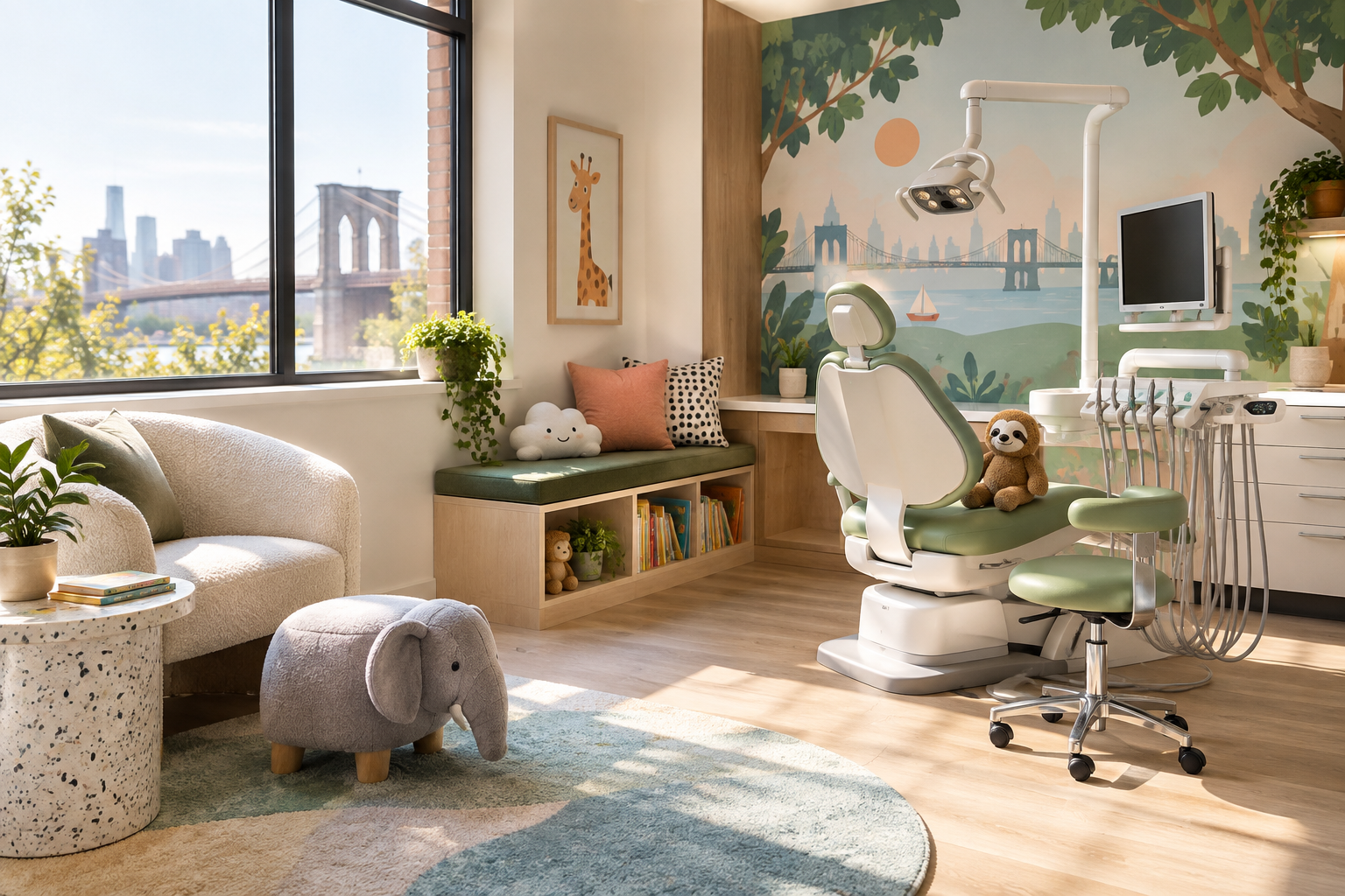Illustration of a welcoming pediatric dental treatment room